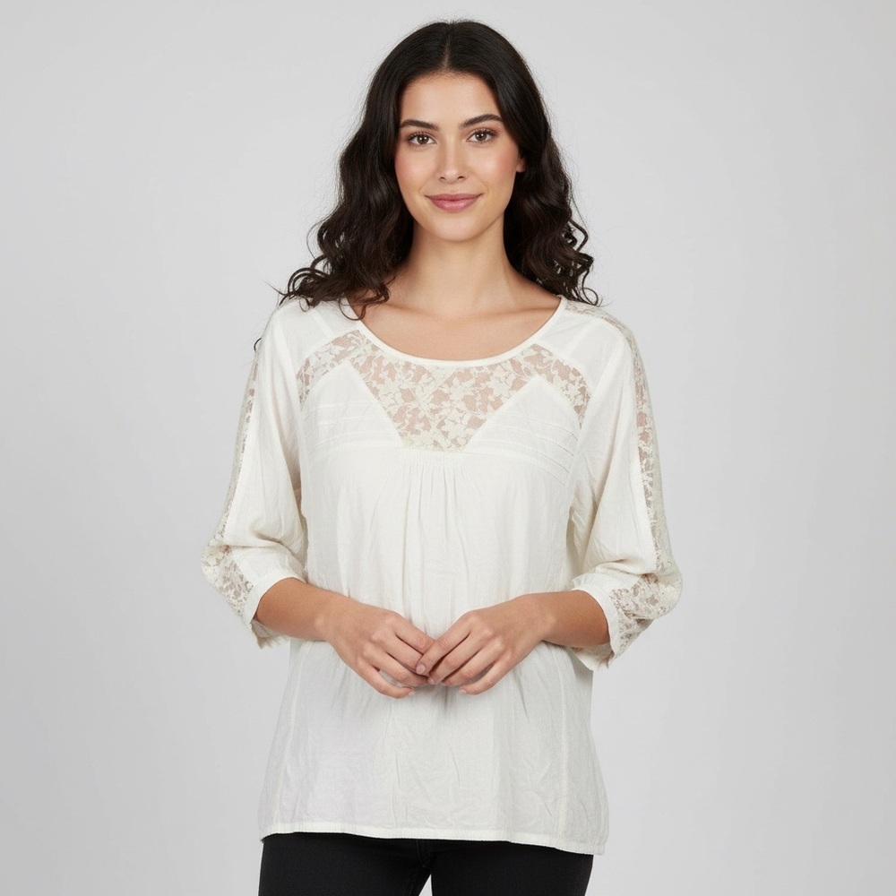 American Eagle Shirt Women XL Floral Lace Blouse Top Scoop Neck Cream